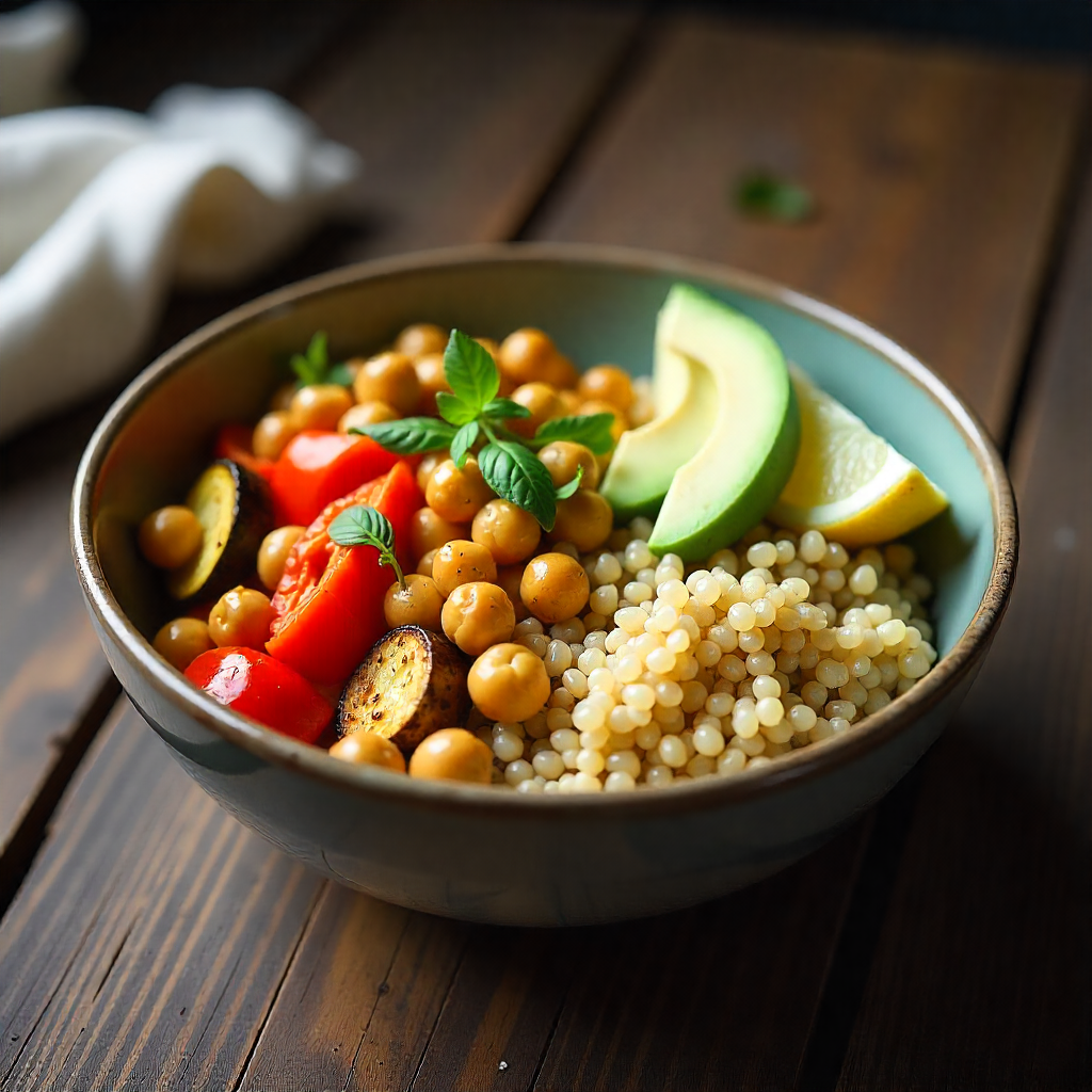 Healthy Lunch Bowl with Quinoa, Chickpeas, and Roasted Veggies